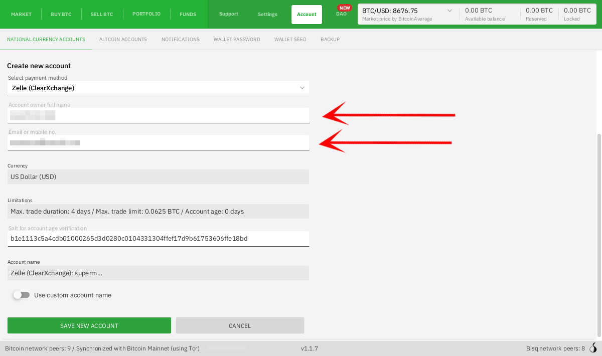 Configuring a national currency account