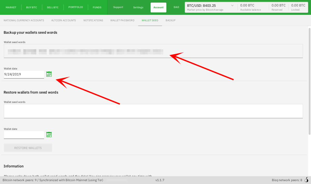 Write down your Bisq wallet’s seed words
