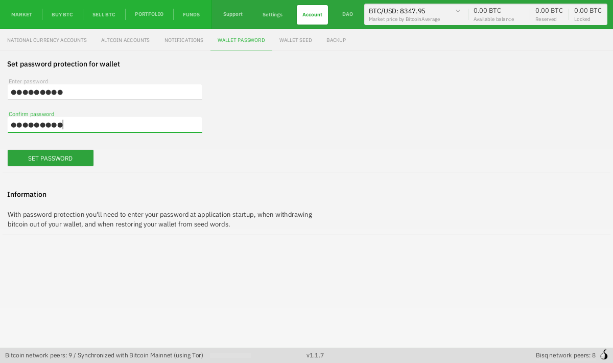 Set a password to encrypt your Bisq wallet
